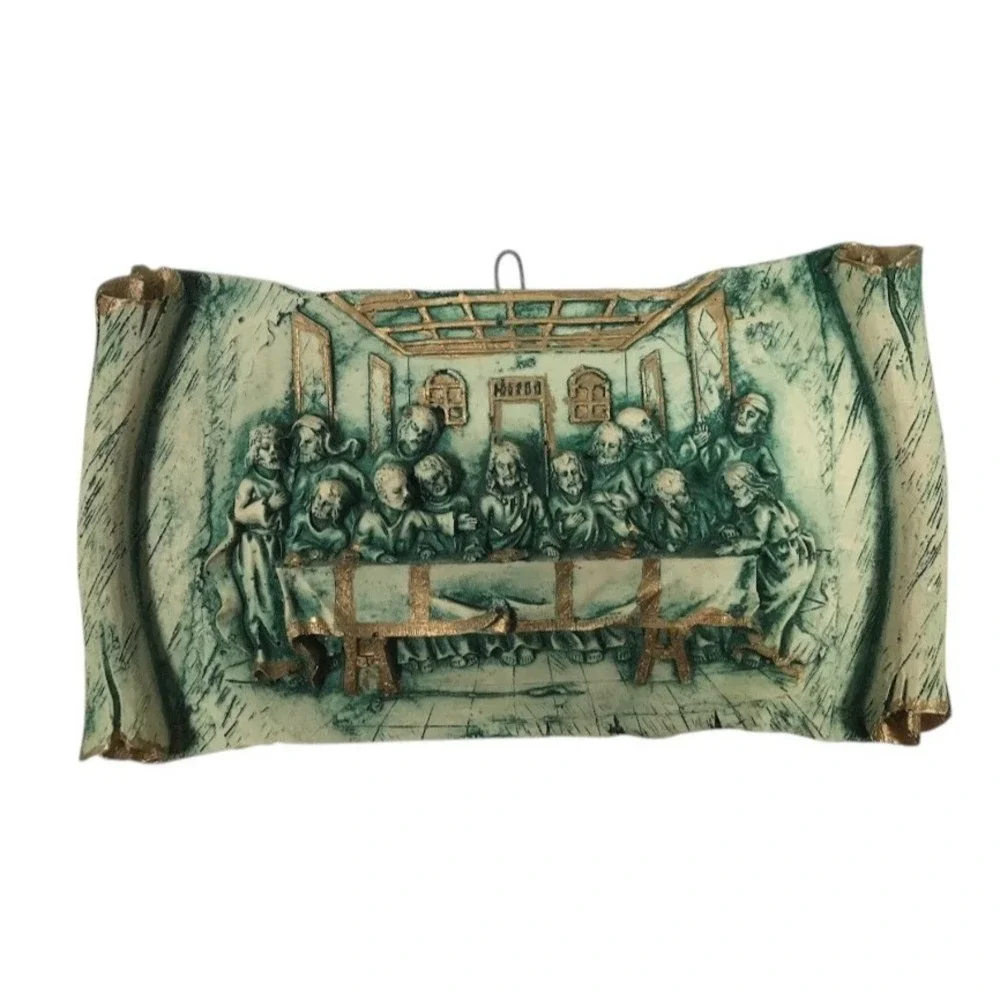 Vintage Last Supper 3D Relief Wall Plaque Scroll Design Teal Gold Religious Art